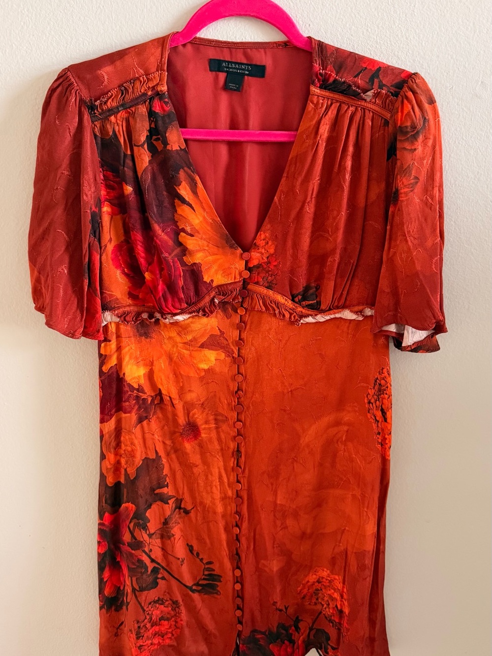 AllSaints Floral Mini Dress Orange Red Burnt Floral UK 10 US 6 EU 38